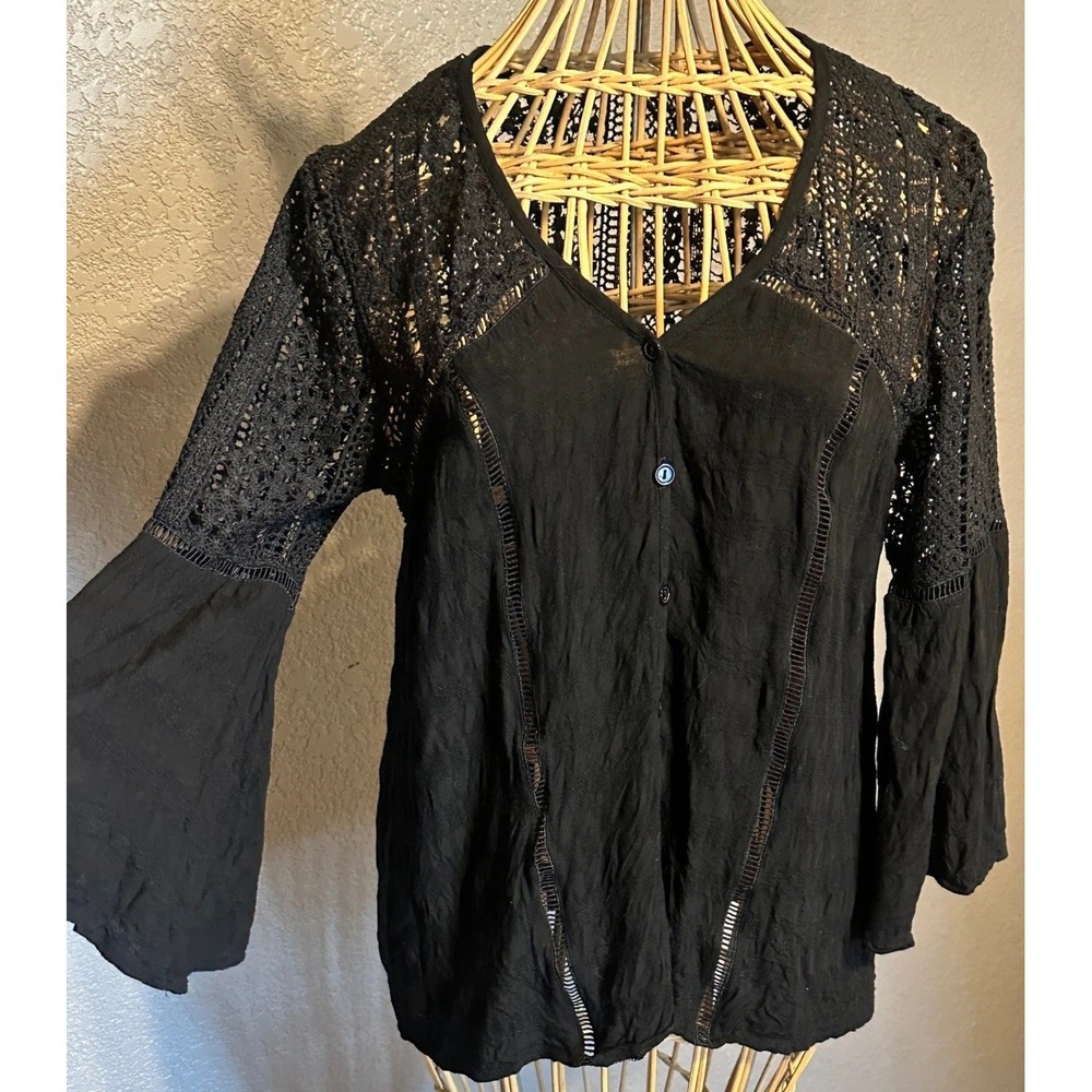 Black Crochet Lace Panel Boho Bell Sleeve Blouse S Button Fairy Grunge Witchy